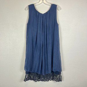 AMANTI MADE IN ITALY NAVY SILK W/LACE UNDERLAY SLIT BACK DRESS SIZE LARGE
